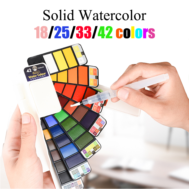 Watercolor Paint Set Solid Pigment - Ensemble d'aquarelle solide 18/25/33/42 couleurs, brosse