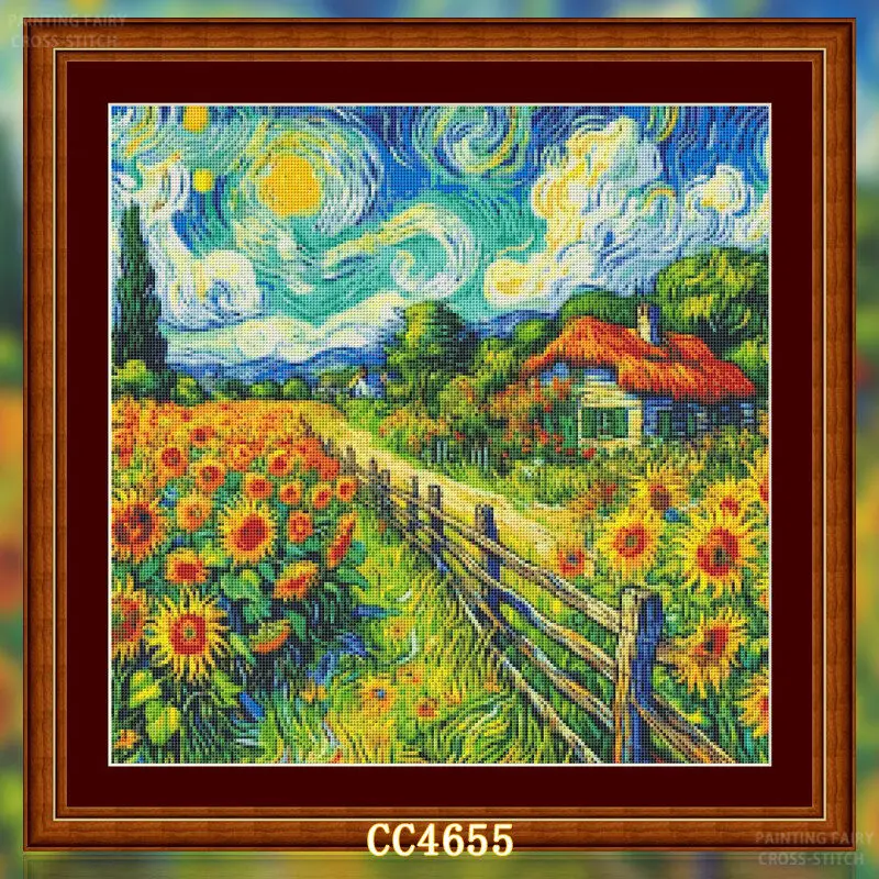 Cross Stitch Stamped Kits Beginners - [[CC4656-Série Van Gogh Ferme de Tournesols]